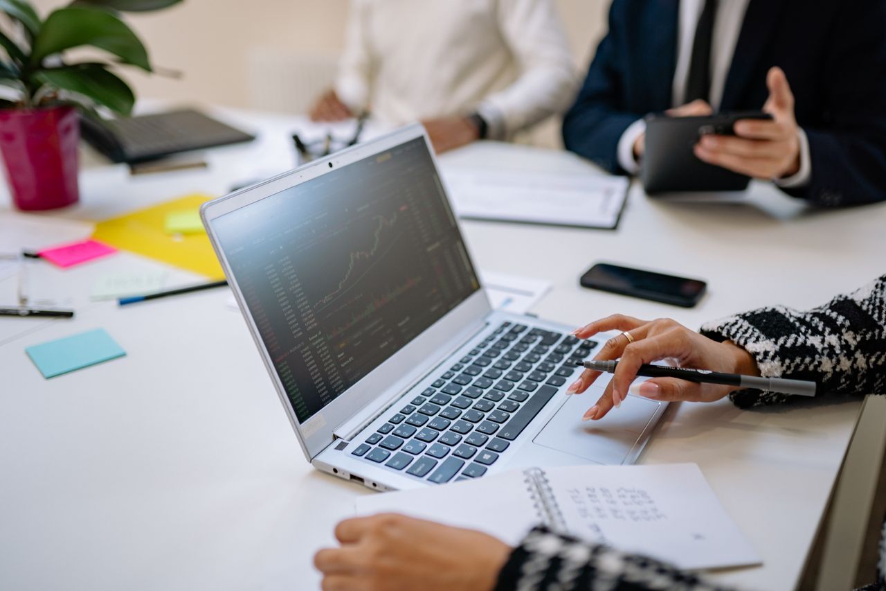 Finance and technology professionals analysing financial data on a laptop during a real office meeting